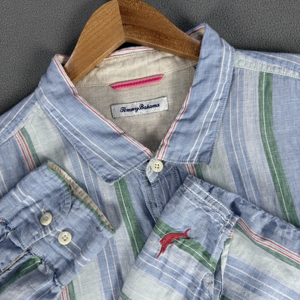 Tommy Bahama Shirt‎ Mens 2XL Blue Colorful Linen Chambray Beach Resort Relax